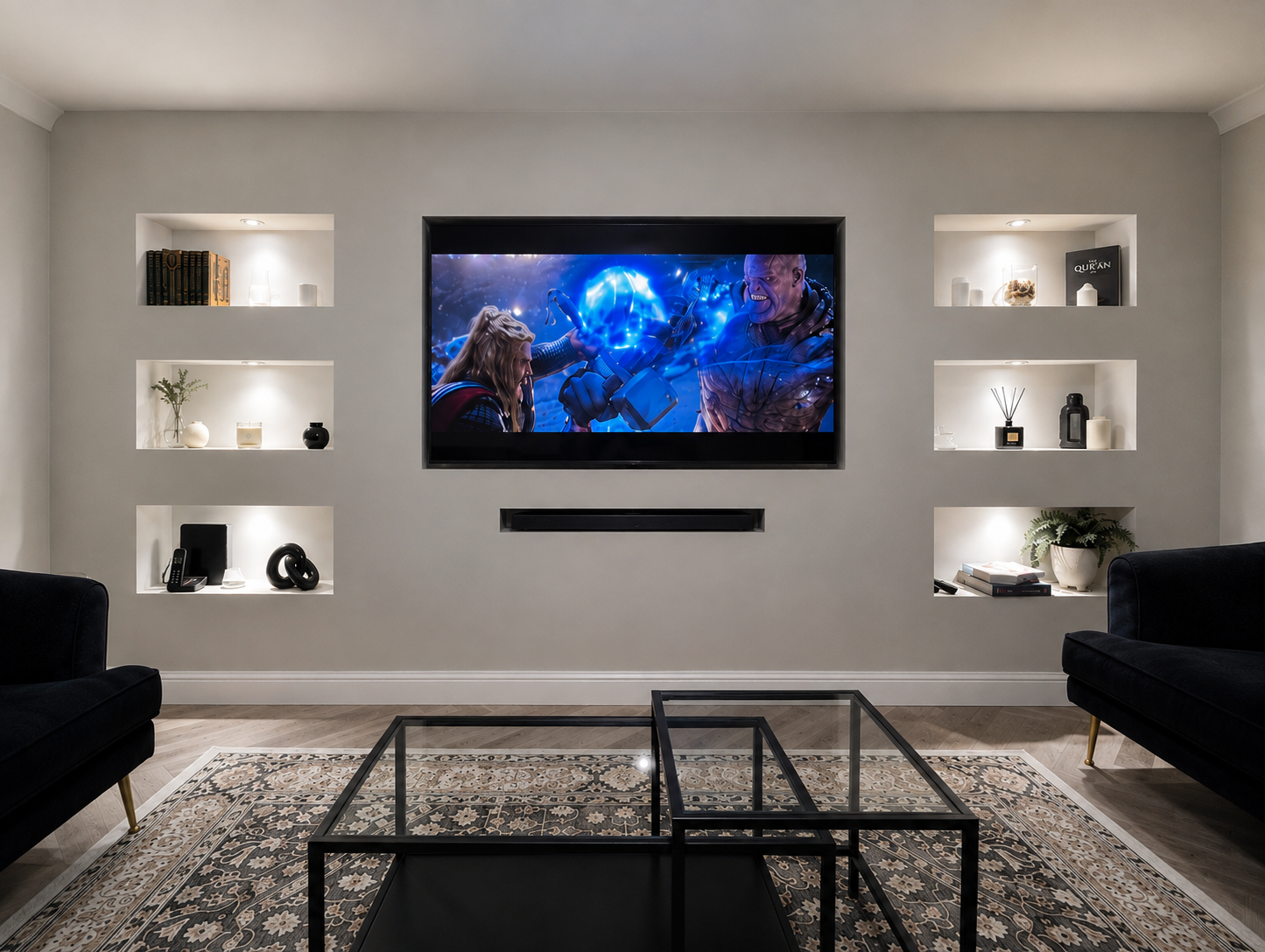 Bespoke media wall with integrated storage and lighting in Leicester