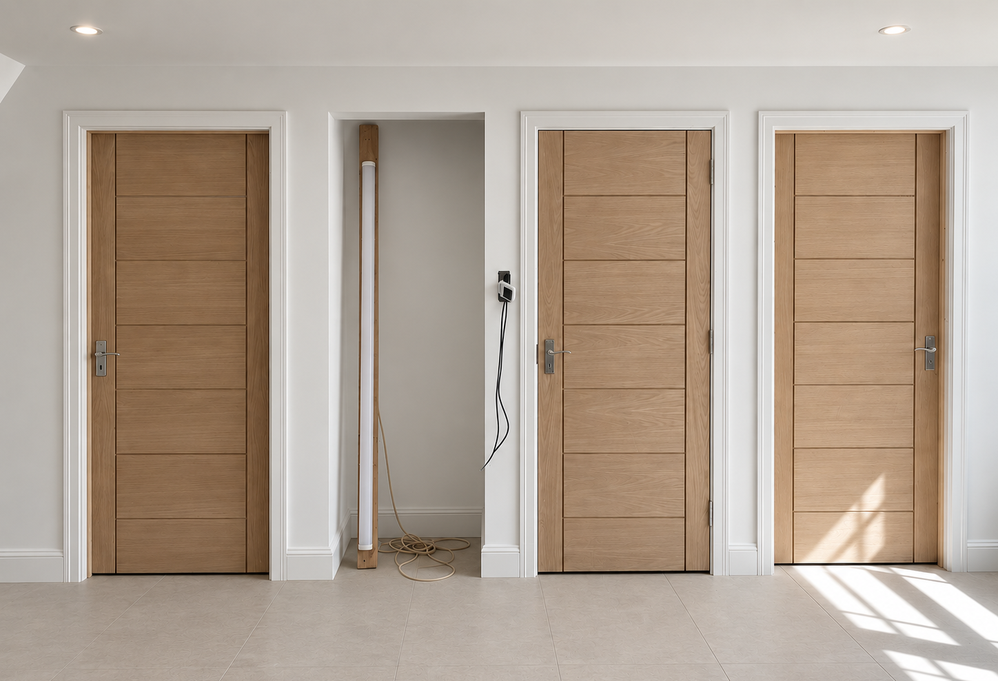 Set of modern oak internal doors hung throughout a home in Leicester