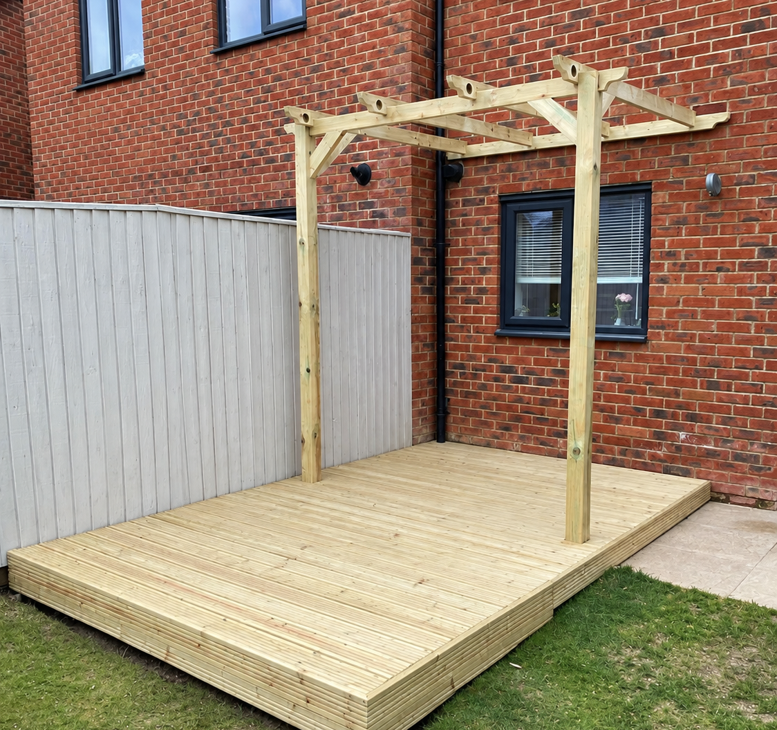 Bespoke timber decking and pergola built in a Leicester garden