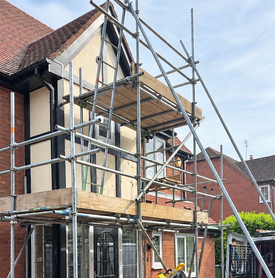 Mock Tudor timber framing installed on a gable end in Leicester