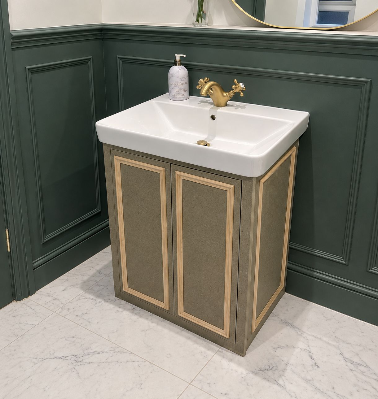 Bespoke handmade vanity unit fitted under a basin in Leicester